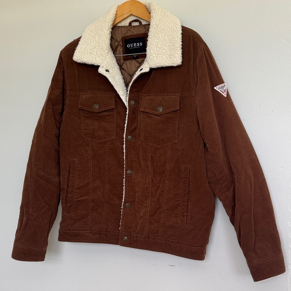 Guess Men's Brown Corduroy Jacket with Sherpa Collar L.